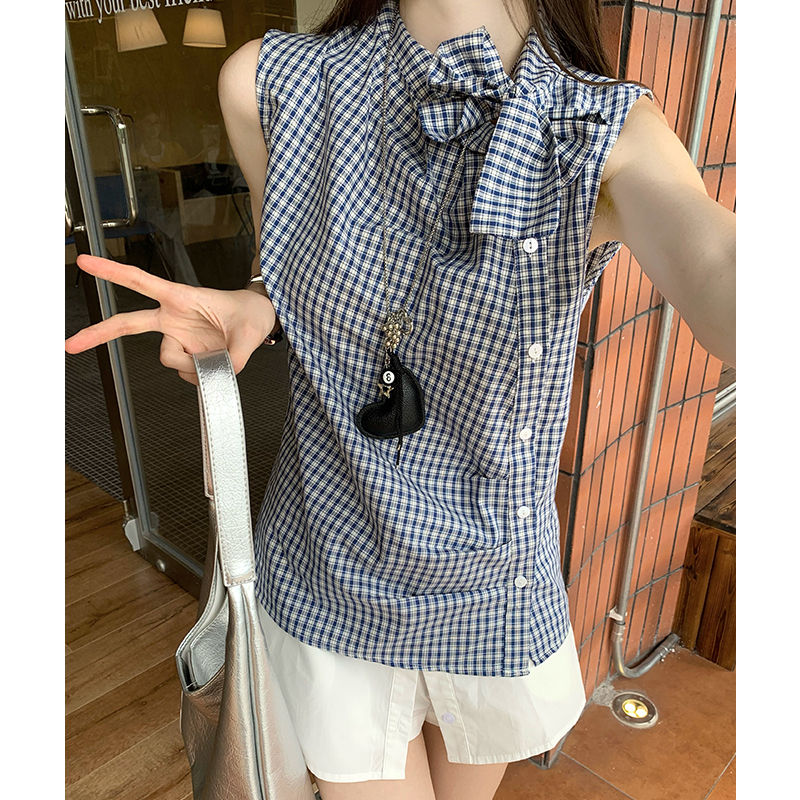 실사 정가 한 부서 파란색 체크무늬 레이스업 민소매 캐미솔 봄 트임 캐주얼 루즈핏 맨위
