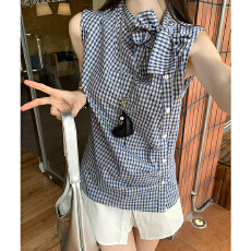 批发实拍实价#韩系蓝色格子系带无袖吊带背心女春季开叉休闲宽松上衣