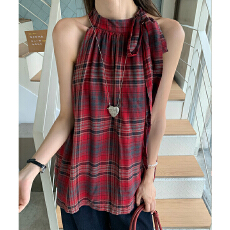 批发实拍实价#法式小资背心复古格纹挂脖<b class='q'>吊带</b>2026春洋气减龄露肩气质