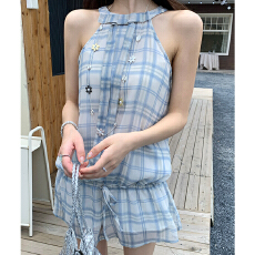 批发实拍实价#法式蓝色<b class='q'>格子</b>挂脖背心女2026新款春季气质甜美无袖上衣