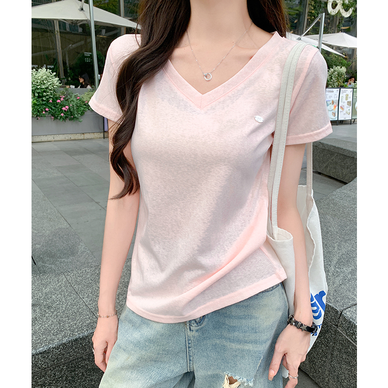 실사 정가 단색 V넥 긍정적 인 어깨 반팔 티셔츠 여성 봄 새로운 다용도 캐주얼 슬림해 보이는 루즈핏 반소매 맨위