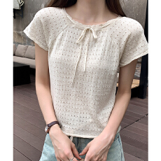 批发实拍实价条纹方领短袖针织衫女t恤春季2026新款薄款镂空短款上衣