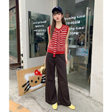 批发实拍实价#红色条纹假两件披肩坎肩马夹针织背心女春宽松无袖开衫