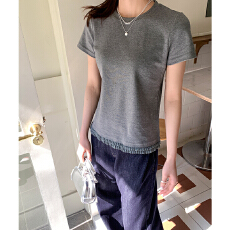 批发实拍实价蕾丝拼接短袖<b class='q'>t</b><b class='q'>恤</b>女春季设计感小众正肩<b class='q'>圆领</b>上衣