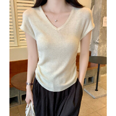 批发实拍实价#褶皱收腰正肩短袖<b class='q'>针织衫</b>女新款爆款春季修身短款上衣t恤