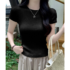 批发实价实拍#冰丝蓝色正肩圆领针织短袖t恤女春季体恤上衣2026新款