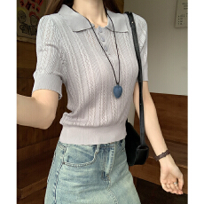 批发实拍实价#翻领薄款镂空短袖针织衫女春设计感2026新款独特别半袖