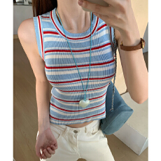 批发实拍实价#撞色条纹针织背心女<b class='q'>春</b>2026新韩系辣妹修身显瘦无袖上衣