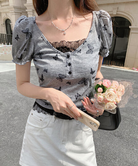 정가 실사 나비 회색 레이스 페이크 레이어드 광장 칼라 반팔 티셔츠 여성 봄 여름 시즌 작은 키 쇼트 스타일 맨위