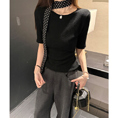 实拍实价#纯色针织短袖女薄款春季新款高级感修身百搭五分袖羊毛