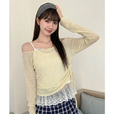 批发实拍实价#冰丝<b class='q'>针织衫</b>女薄款防晒<b class='q'>罩衫</b>蕾丝拼接吊带背心抽绳两件套