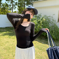 批发实拍实价莱赛尔天丝u领正肩长袖t恤女春高级感打底衫内搭短款粉色