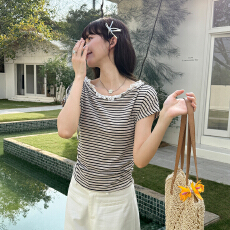 批发实拍实价斜肩条纹<b class='q'>蕾丝</b>蝴蝶结女<b class='q'>上衣</b>2026年褶皱收腰莱赛尔天丝短袖