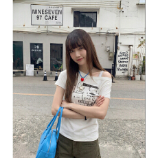 实拍实价#短袖t恤女2026夏季新款印花蕾丝吊带拼接露肩斜肩上衣潮