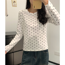 批发实价<b class='q'>实拍</b>#波点灰色正肩长袖t恤女春秋季2026新款打底衫内搭上衣
