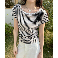 批发实拍实价斜肩条纹蕾丝蝴蝶结女上衣2026年褶皱收腰莱赛尔天丝短袖