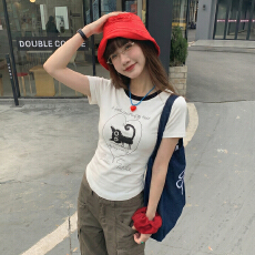 批发实价实拍#拼色圆领字母小猫印花短袖t恤女2026夏季新款<b class='q'>体恤衫</b>上衣
