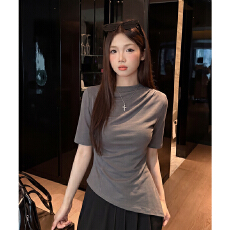 批发实拍实价白色半高领短袖t恤女薄款莫代尔不规则七分袖<b class='q'>上衣</b>女<b class='q'>中袖</b>