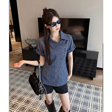 实拍实价美式复古格子短袖衬衫女2026夏季新款收腰修身显瘦衬衣