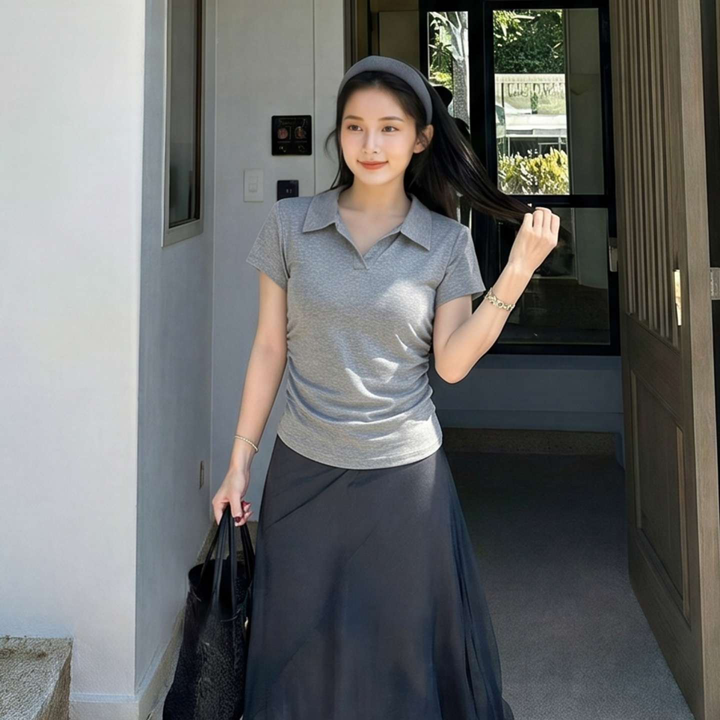 ai 정가 화이트 POLO 칼라 긍정적 인 어깨 반팔 티셔츠 여성 봄 2026 새로운 한 부서 주름 허리 수축 슬림해 보이는