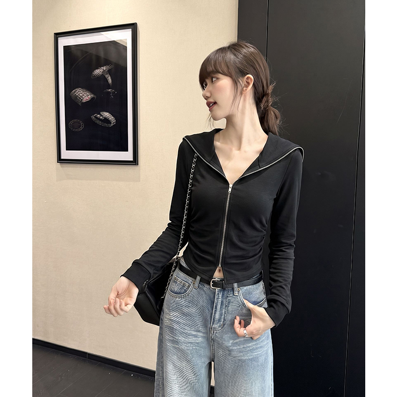 실사 정가 레트로 회색 페이크 레이어드 더블 지퍼 폴로 칼라 긴팔 티셔츠 봄 허리 수축 슬림해 보이는 해군 칼라 맨위