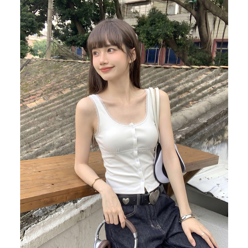 실사 정가 화이트 u 칼라 패치워크 레이스 오픈 가디건 조끼 슬립 여성 2026 년 여름 디자인 센스 외출용