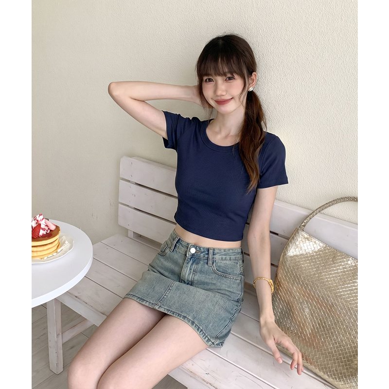 실사 정가 대 네클라인 라운드 넥 긍정적 인 어깨 반팔 티셔츠 여성 여름 고급 센스 핫걸 몸매 가꾸기 타이트 반소매 쇼트 스타일