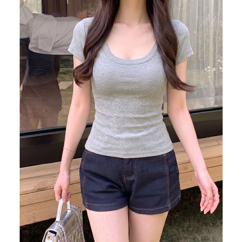 실사 정가 대 네클라인 라운드 넥 긍정적 인 어깨 반팔 티셔츠 여성 여름 고급 센스 핫걸 몸매 가꾸기 타이트 반소매 쇼트 스타일
