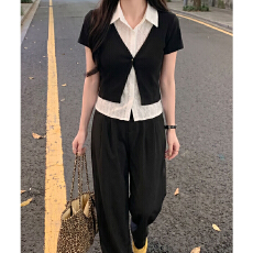 实拍实价#黑色蕾丝polo领正肩短袖t恤女设计感短款半袖假两件上衣