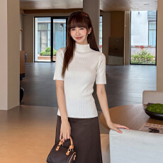 批发实拍实价#欧货纯色半高领<b class='q'>短袖</b>t恤女春秋螺纹棉五分袖<b class='q'>修身</b>显瘦上衣