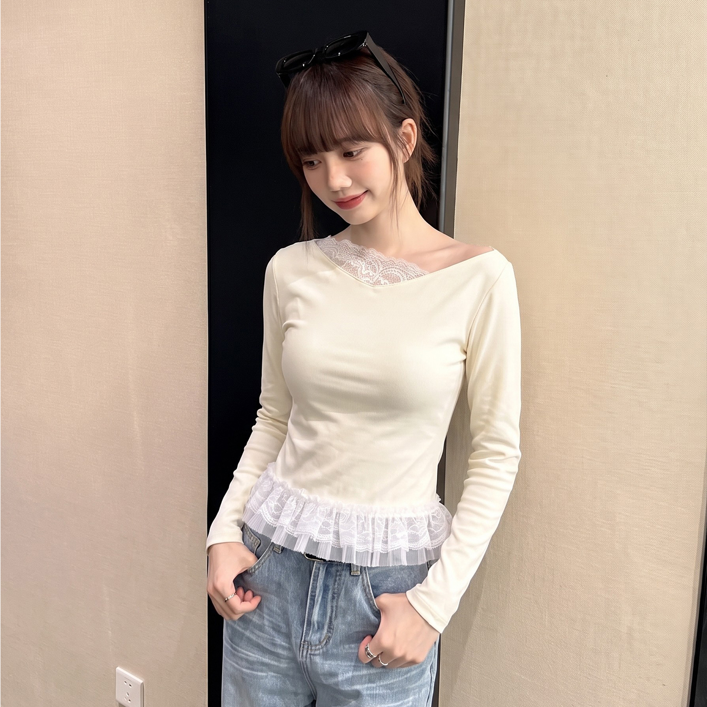 BY34182# 纯欲蕾丝花边假两件斜肩露肩长袖t恤女秋季显瘦上衣 服裝批發女裝批發服飾貨源