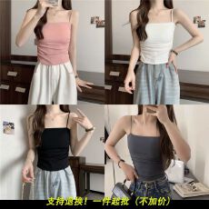 批发100%聚酯纤维纯欲辣妹褶皱<b class='q'>吊带</b>背心女内搭外穿修身美背上衣带胸垫