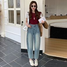 批发复古蓝秋冬新款高腰小个子显瘦显高宽松<b class='q'>牛仔裤</b>女九分弯刀<b class='q'>哈伦</b>裤