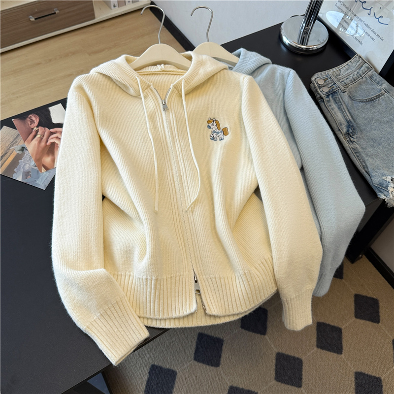 MY14228# 新款杏色双拉链连帽长袖针织开衫毛衣外套女慵懒高级感上衣女...