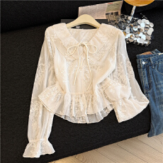 批发2026新款韩版气质蕾丝系带<b class='q'>衬衫</b>女宽松显瘦微透减龄长袖打底衫ins