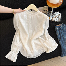 批发法式高级感荷叶边蕾丝<b class='q'>衬衫</b>女早春季2026新款提花刺绣小衫长袖上衣