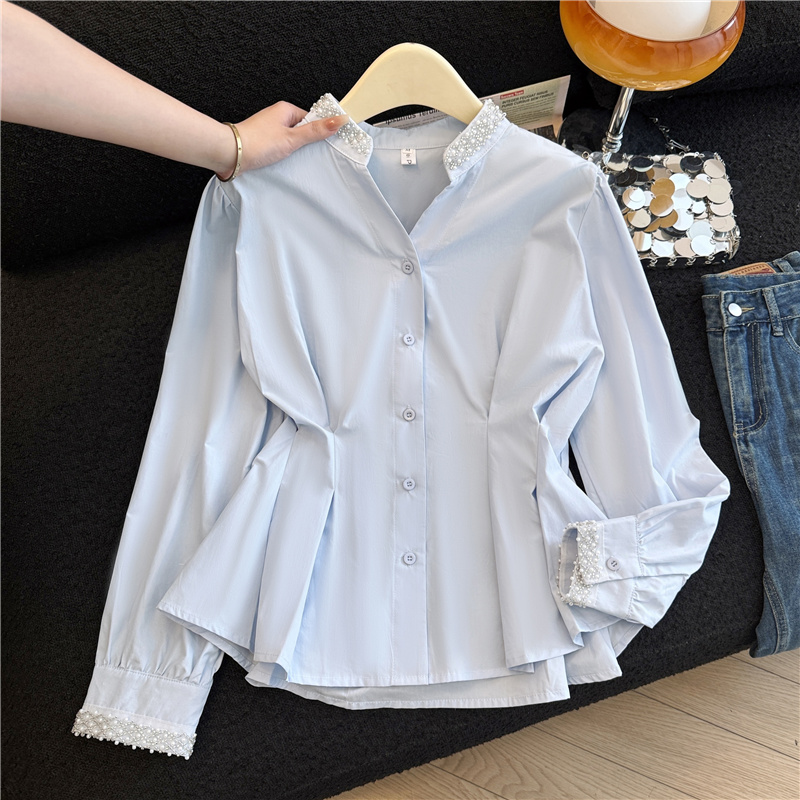 무거운 작업 비즈 박기 V넥 긴팔 여성 셔츠 2026 가을 새로운 패션 파란색 디자인 센스 핀치 Pleat 허리 수축 맨위