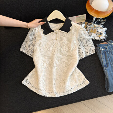 批发法式<b class='q'>娃娃领</b>蕾丝衫减龄气质短袖衬衫女夏季设计感宽松洋气小衫上衣