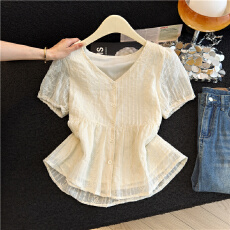 批发v领雪纺娃娃小衫衬衫上衣女短袖夏季新款遮肚子显瘦时尚减龄衬衣