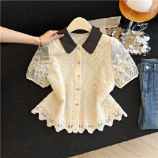批发雪<b class='q'>娃娃领</b>减龄欧根纱衬衣女短袖2026夏季新款灯笼袖衬衫上衣