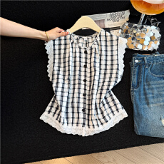 批发2026年新款高端韩系蕾丝拼接袖<b class='q'>格子</b><b class='q'>衬衫女</b>夏季宽松衬衣百搭上衣