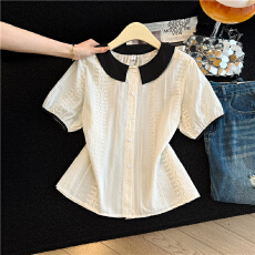 批发复古温柔减龄翻领重工刺绣米白色短袖<b class='q'>蕾丝</b>衫女宽松夏季<b class='q'>娃娃衫</b>衬衫