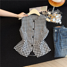 批发爆款法式黑白格子马甲女夏季设计感小众圆领绑带收腰马夹<b class='q'>上衣</b>