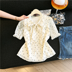 批发法式蝴蝶结系带荷叶边<b class='q'>波点</b><b class='q'>衬衫</b>女夏季宽松短袖雪纺<b class='q'>衬衣</b>设计感上衣