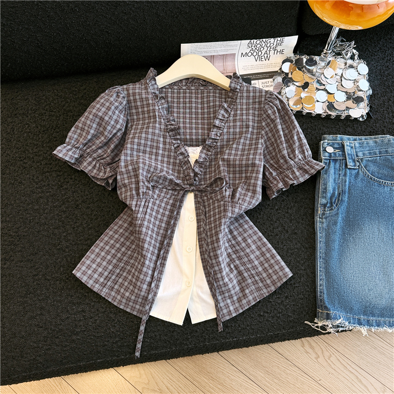 2026 년 새로운 체크무늬 스트랩 오픈 가디건 레이스 슬립 세트 여성 여름 슈퍼 잘 생긴 ~ 중 페이크 레이어드 고유 한 맨위