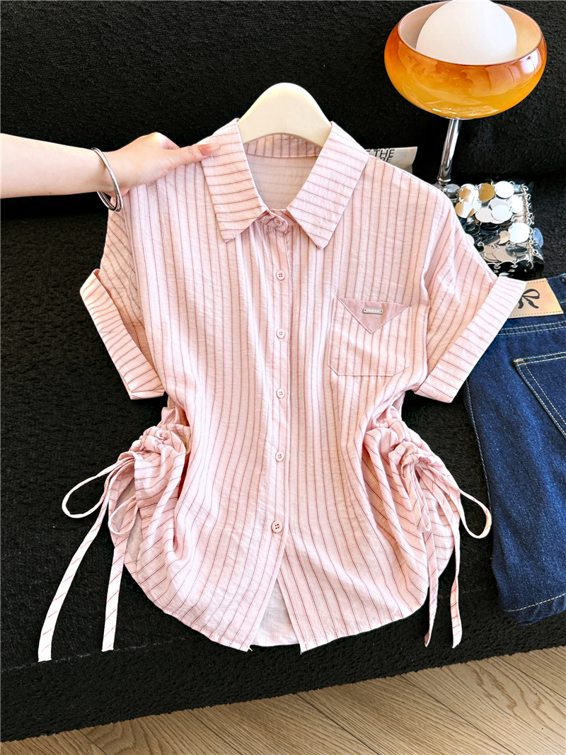 POLO 칼라 스트라이프 쉬폰 반팔 여성 셔츠 여름 디자인 센스 펌프 로프 품격 달콤함 프랑스식 쇼트 스타일 작은 맨위