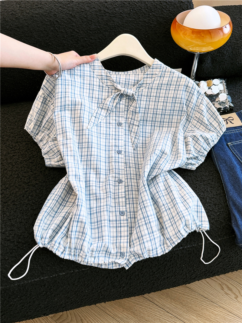 한 부서 체크무늬 반팔 여성 셔츠 2026 여름 새로운 패션 외국 가스 고급 센스 슬림해 보이는 레이스업 레트로 맨위