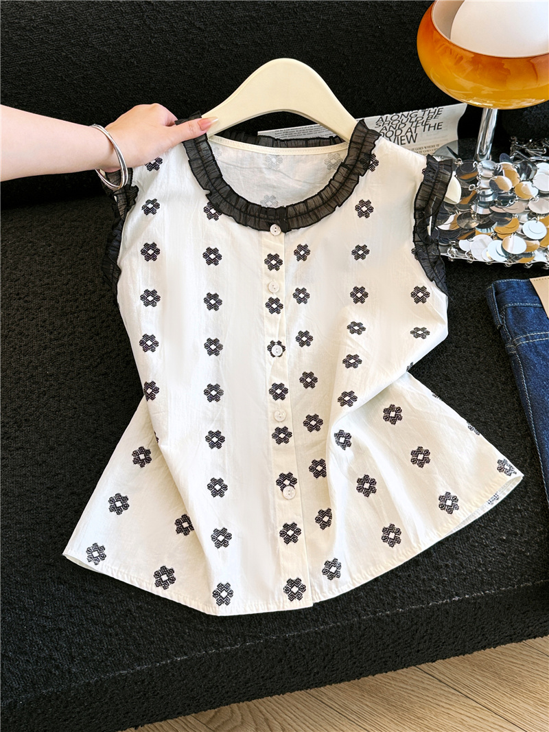 살구 색상 레이스 프릴 프린트 민소매 조끼 여성 여름 새로운 작은 키 루즈핏 슬림해 보이는 품격 맨위 트렌디