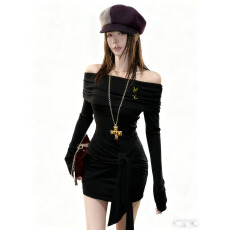 批发管网图新款韩版时尚一字肩长袖包臀打底连衣裙配胸前小<b class='q'>饰品</b>别针