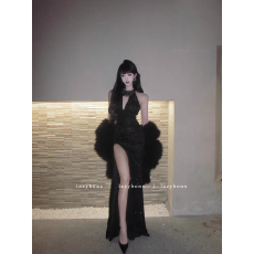 批发黑色闪闪气质带水钻挂脖<b class='q'>礼服</b>性感露背开衩长款连衣<b class='q'>裙</b>